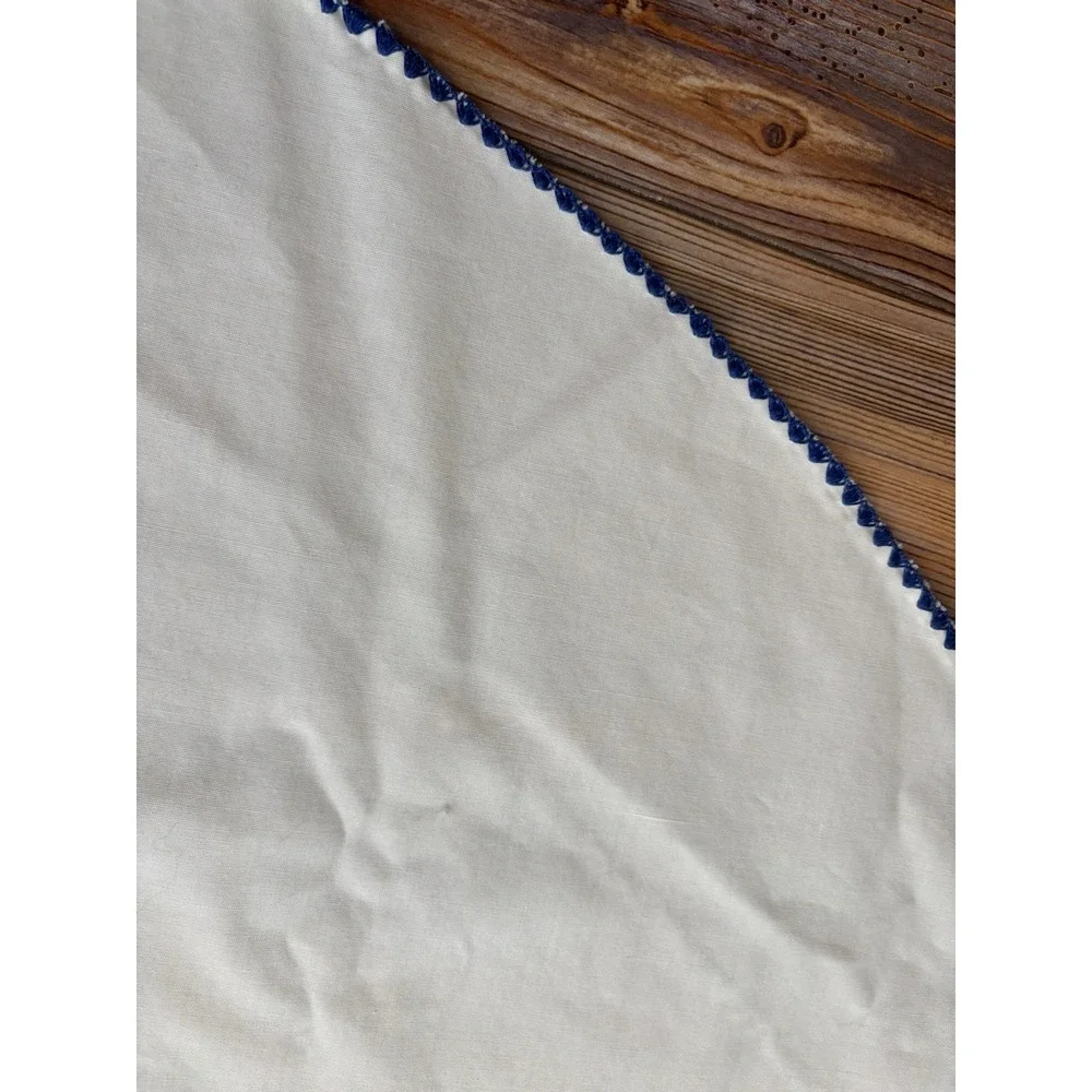 Cotton‎ Oval Tablecloth With Navy Embroidered Edge 59x80 Off-White Vintage